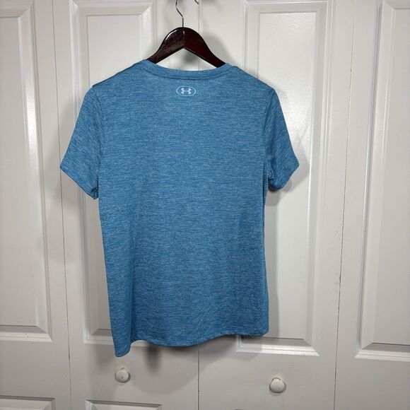 Under Armour T-Shirt Women M V-Neck Blue Logo Tee Athletic Gym Running Core - Picture 4 of 10